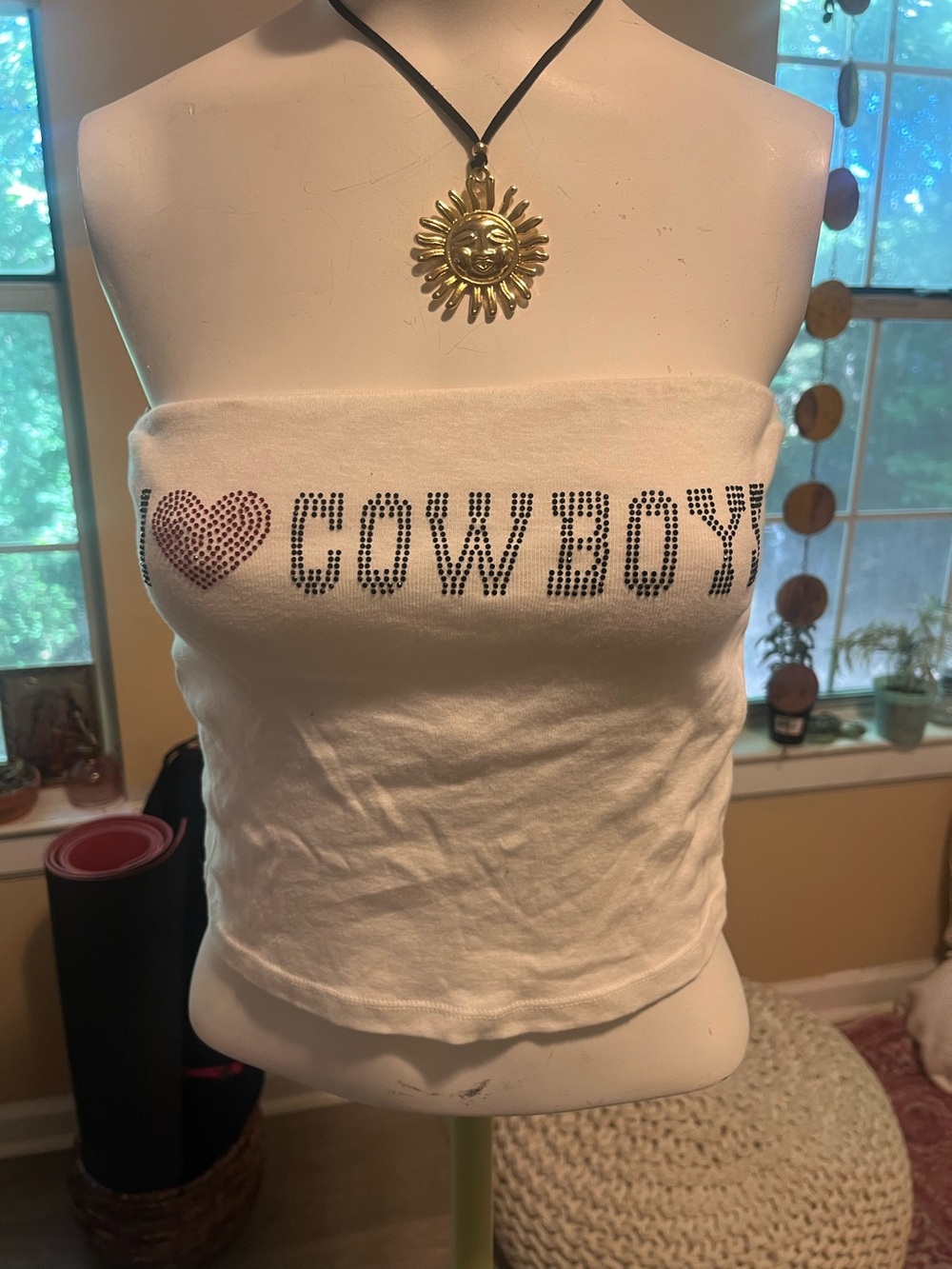 Forever 21 White Tube Top with Pink Heart 'I ♥ COWBOY' Rhinestone Graphic